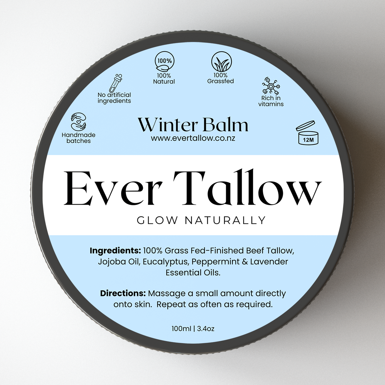 Ever Tallow Winter Balm container with label on a white background