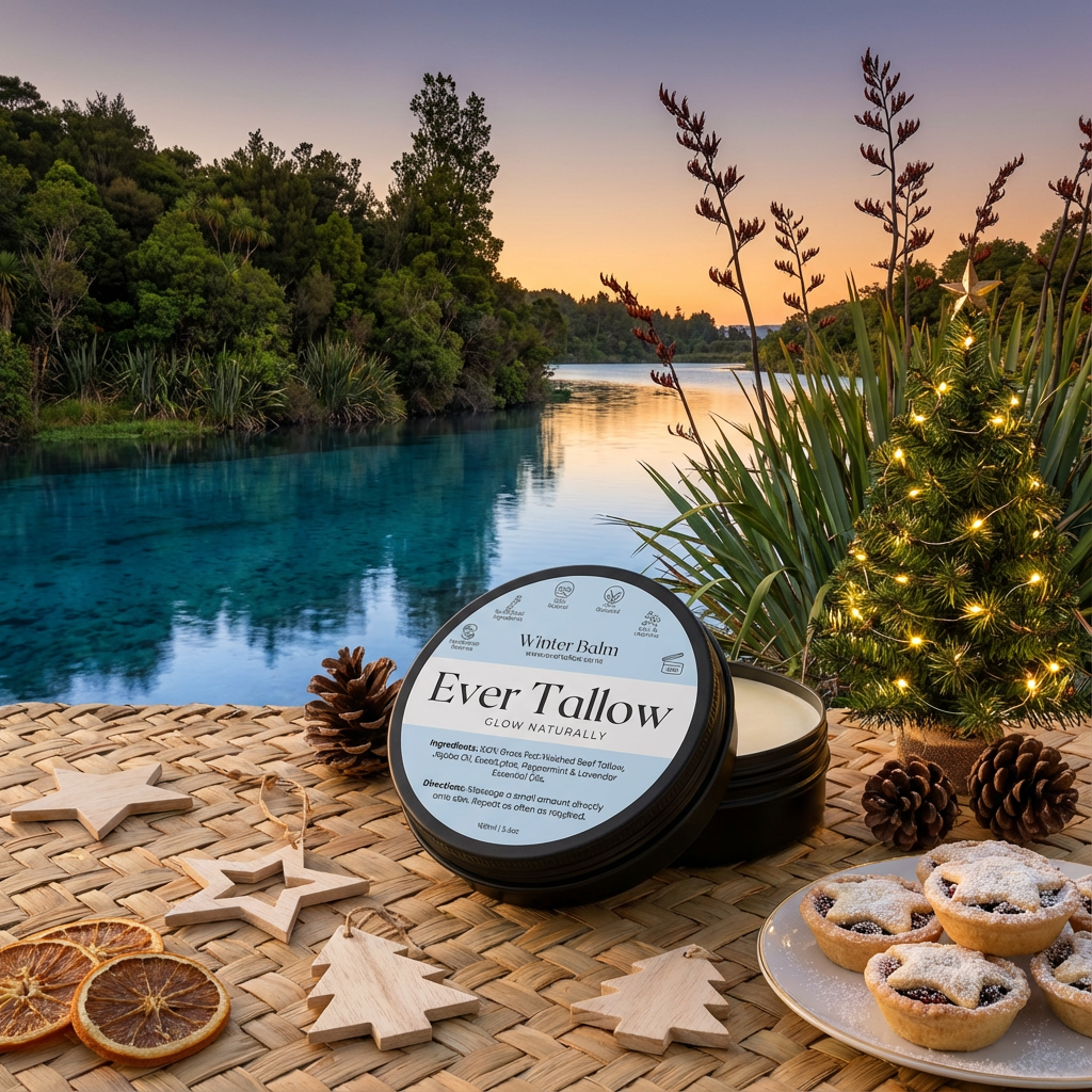 Ever Tallow Winter balm container with Christmas decorations by a lake at sunset