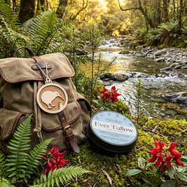 Backpack with a kiwi bird emblem and 'Ever Tallow' Winter tallow balm in a forest setting
