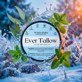 Ever Tallow Winter Balm packaging with natural elements on a snowy background