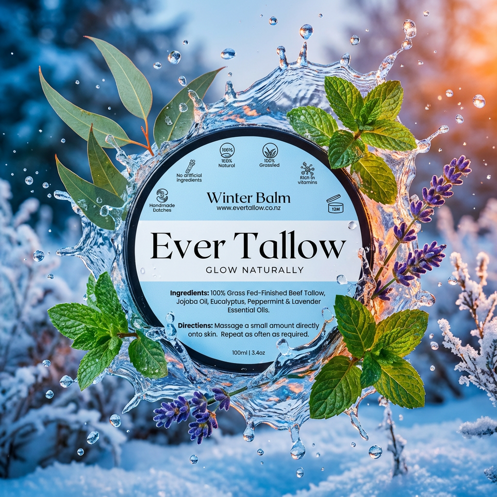 Ever Tallow Winter Balm packaging with natural elements on a snowy background
