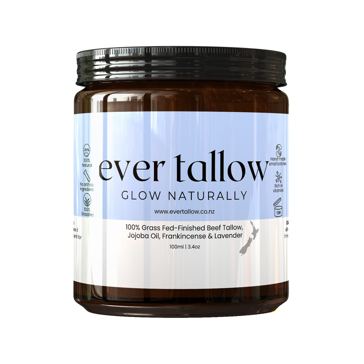 Jar of 'ever tallow' frankincense lavender tallow_cream, with a white label on a white background